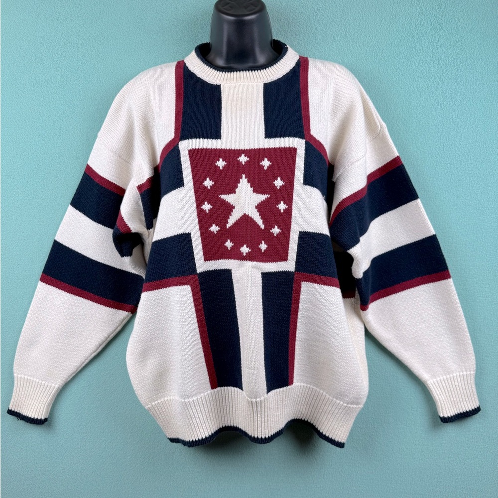 VTG Cotton Traders Sweather Men’s M Red Blue Cream Knit Crew Neck Cotton READ